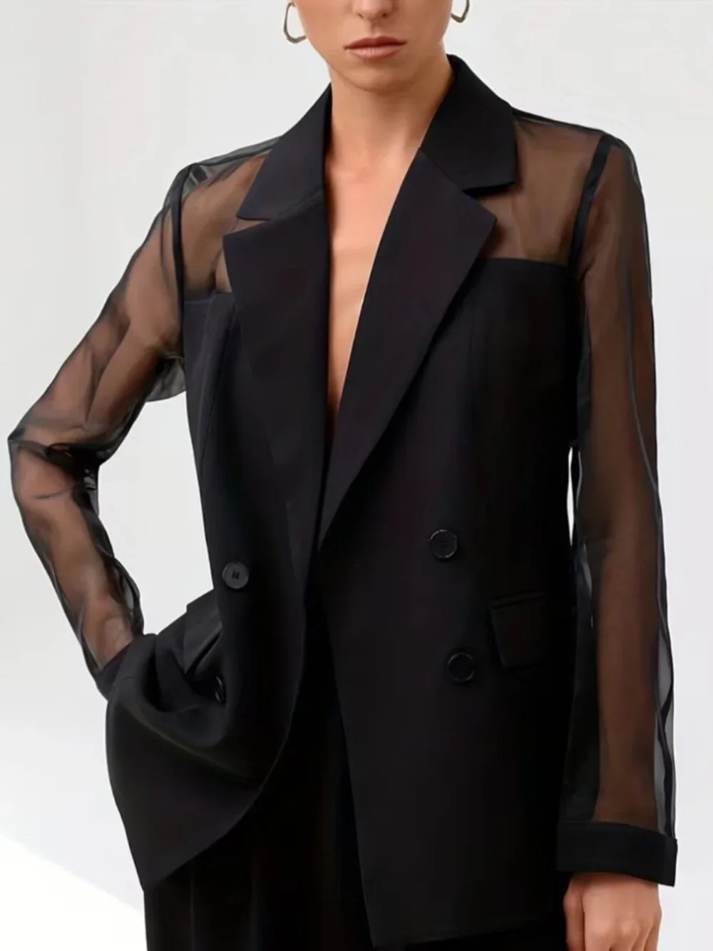 Fashionable Women's Elegant Blazer, Stylish High-End Mesh Patchwork Double-Breas